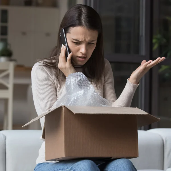 Mujer sosteniendo una caja mientras habla por teléfono